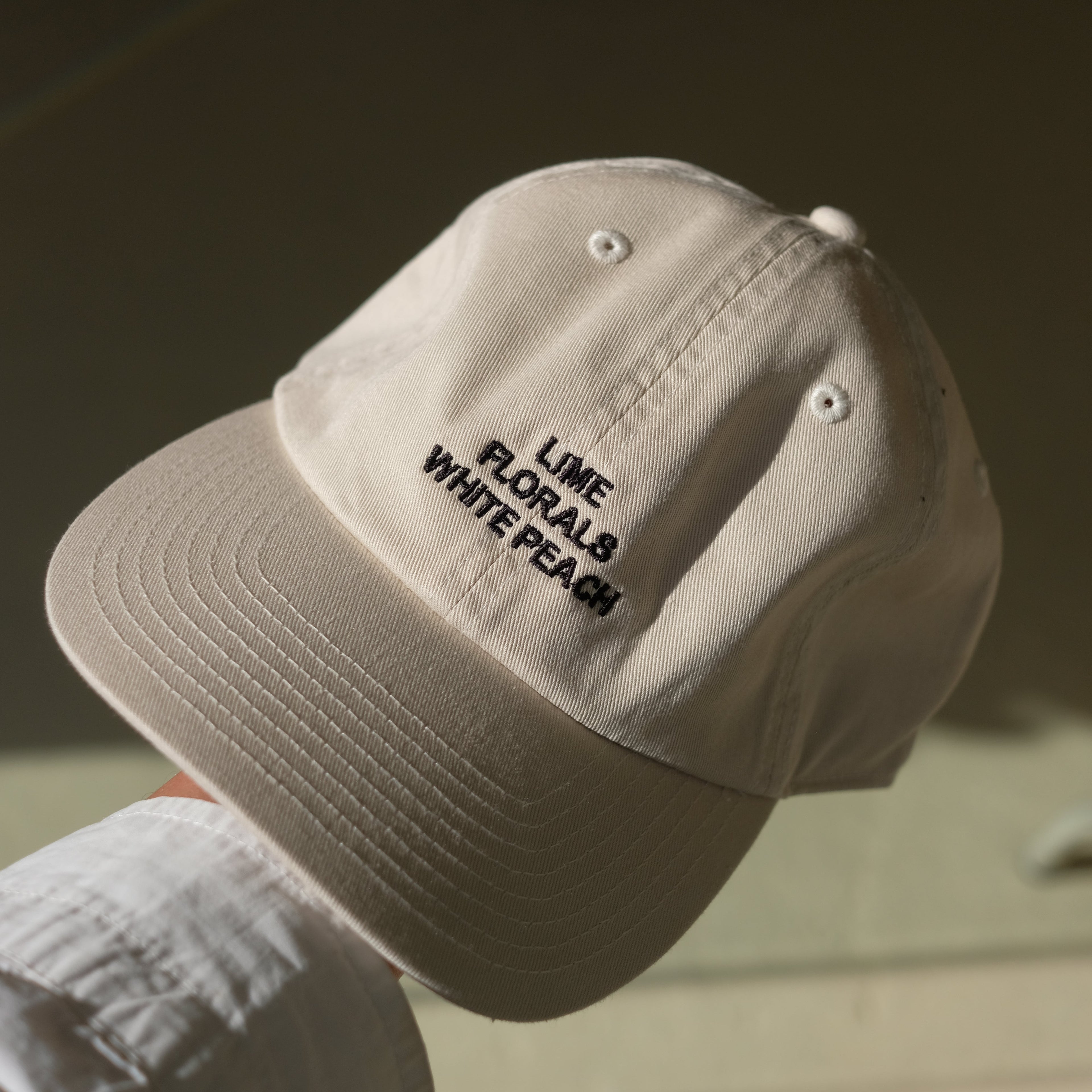 Beige cap with text held by a hand against a blurred background